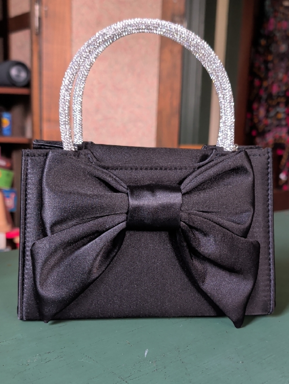 Elegant Black Bow Satin Handbag with Rhinestone Handles Formal Prom Event